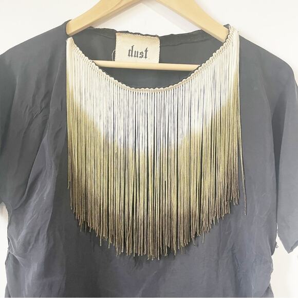 DUST Black Silk Blouse Ruched Roughed Side Hems Fringe Neckline - Picture 2 of 4